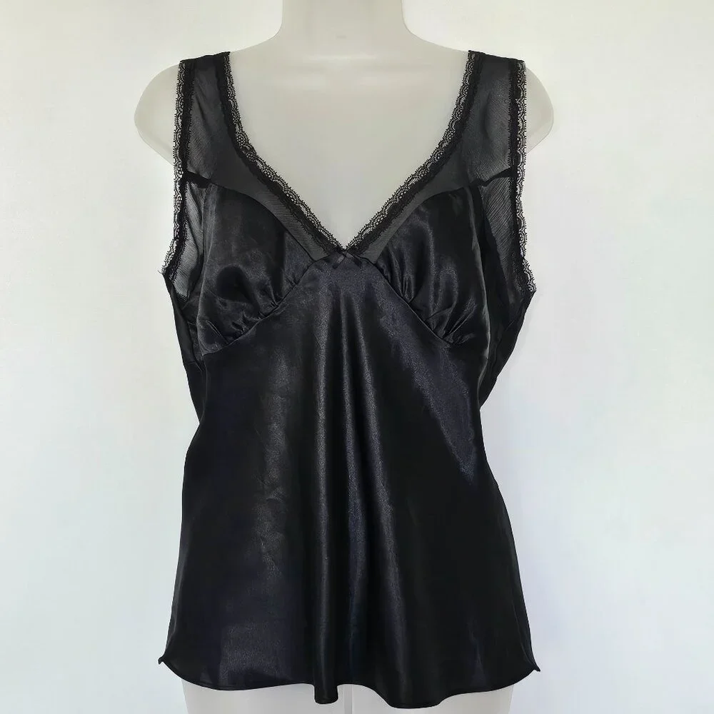 California Dynasty Black Satin‎ Lace Camisole Babydoll Top Size M Whimsigoth 90s